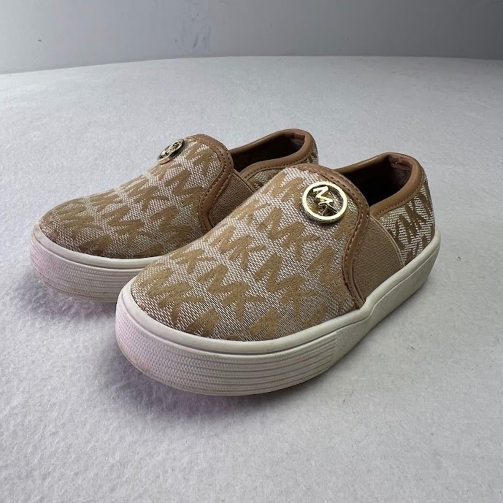Michael Kors Slip On Sneakers Toddler 6 Tan Monogram Logo  Gold Hardware‎